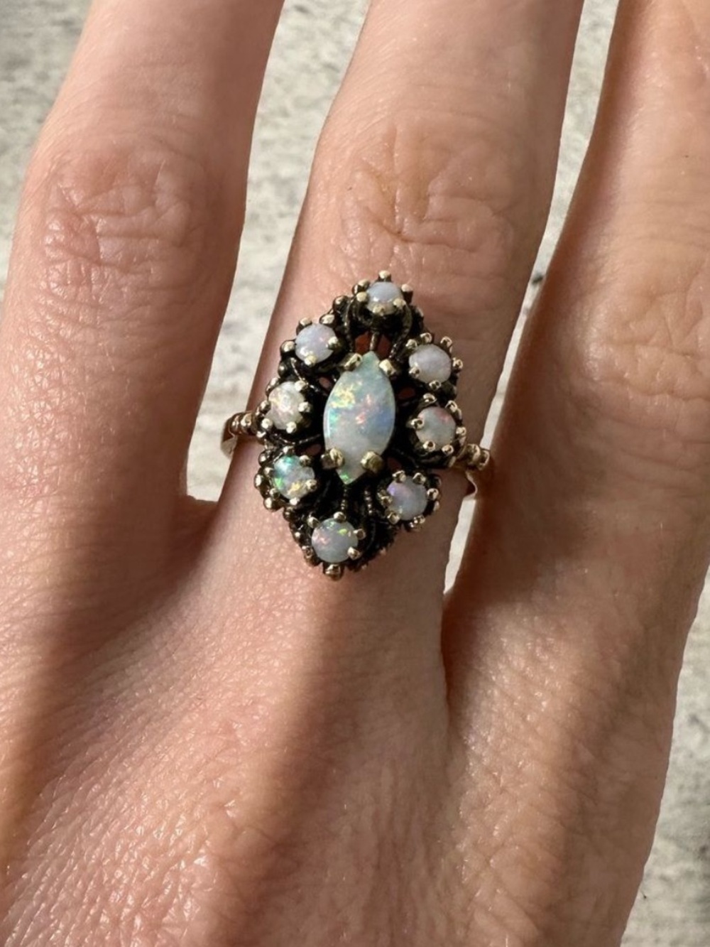 Vintage 10k Yellow Gold Opal Cabochon Marquise Cluster Ring